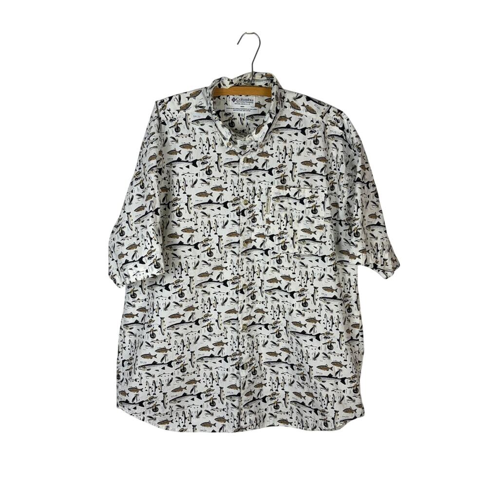 Columbia Fish Print Button Down Shirt XL Outdoor Fly Fishing